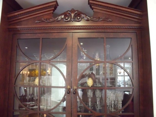 Wet Bar Cabinet Made of Burl Cherry Round Mullion Flipper Style Doors with Large Applique 