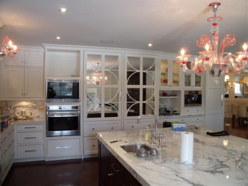 Custom Refrigerator Panels with Mirrored Back and Circle Mullions   